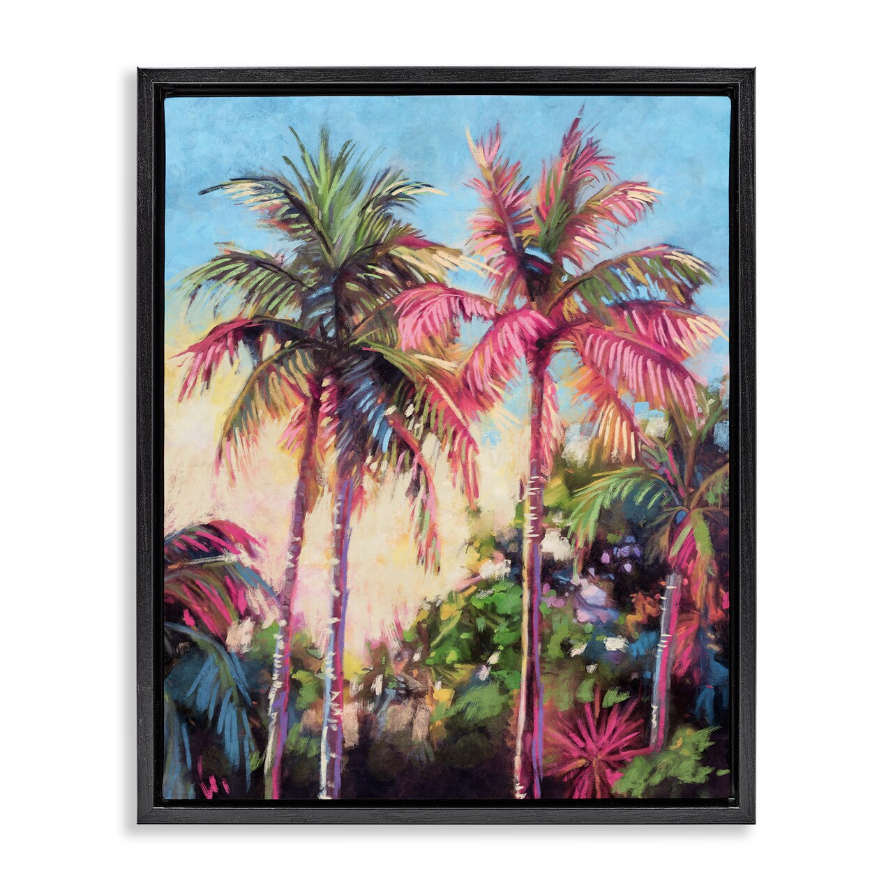 Stupell Industries Tropical Palms Pink Details Framed Floater Canvas Wall Art Design by Nina Blue